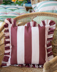 Outdoor Striped Ruffle Cushion Cover / Burgundy & Pink / 45 x 45 cm