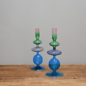 Glass Candle Holder / Light Blue and Purple