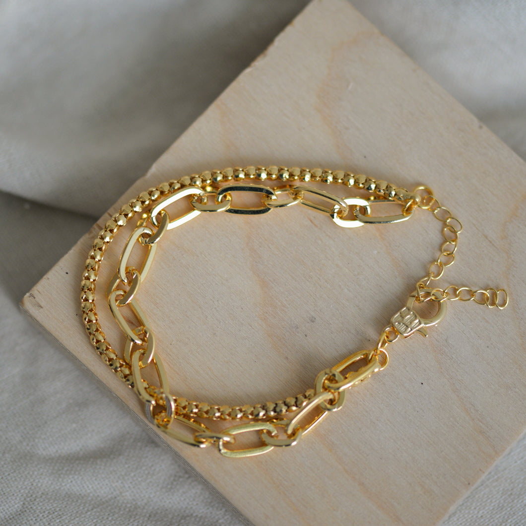 Gold Chain and Link Double Layered Bracelet