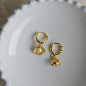 Gold Shell with Pearl Huggie Earrings