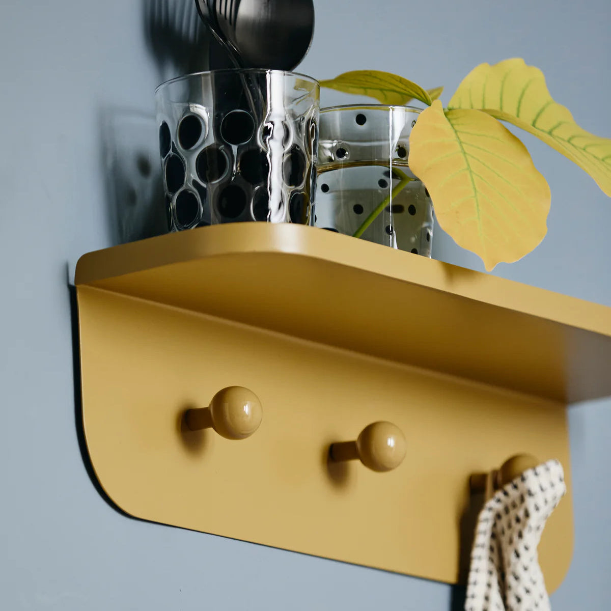 Mustard Enamel Shelf with Three Hooks