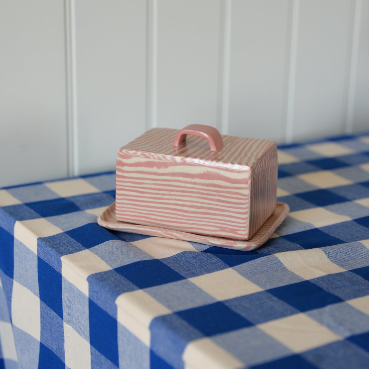 Pink Striped Butter Dish