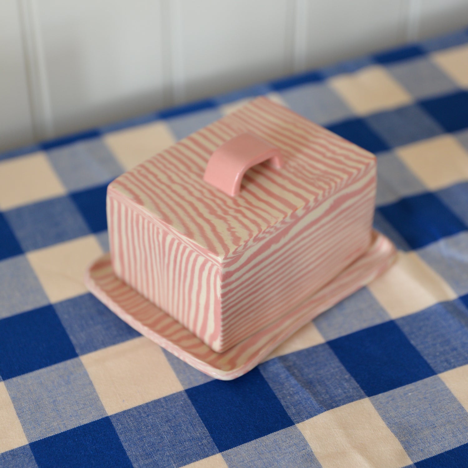Pink Striped Butter Dish