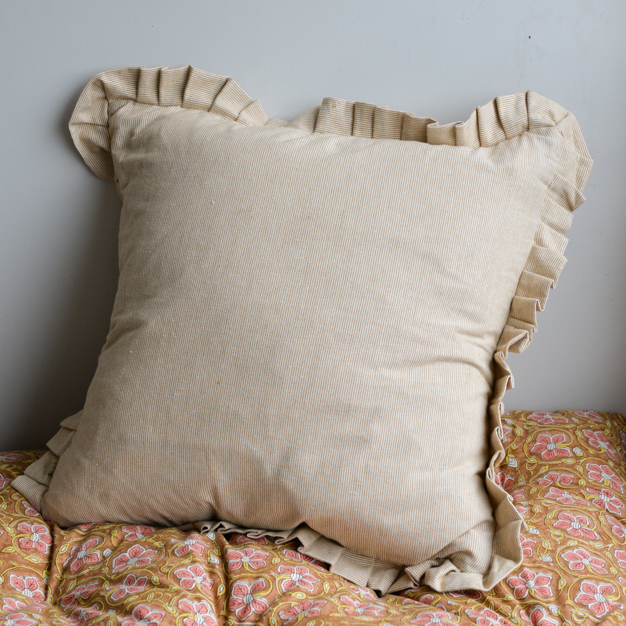 Pin Stripe Frill Cushion / Golden Yellow