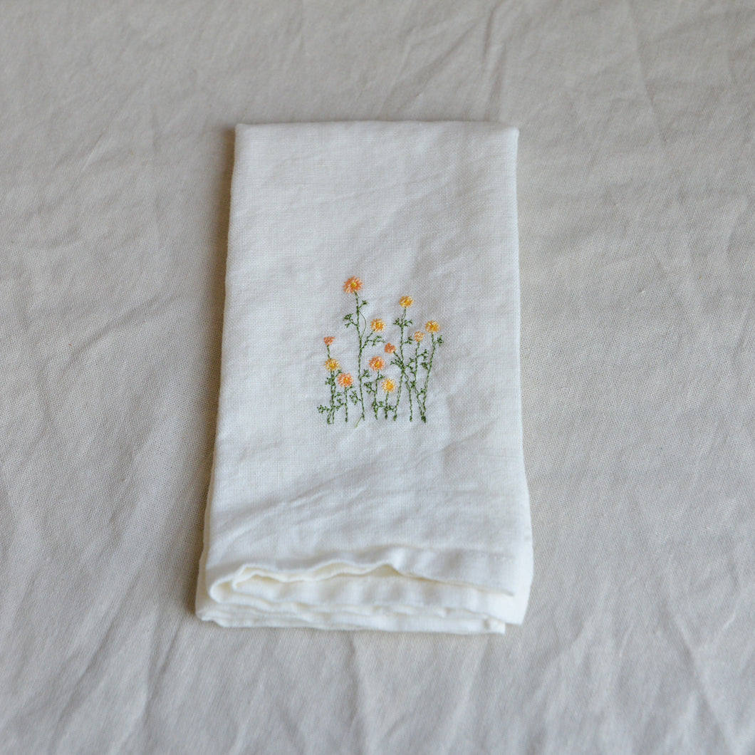 White Linen Napkin with Yellow Buttercups