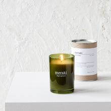 Load image into Gallery viewer, fig and apricot meraki green glas soy fragrance large candle brown tube packaging photo