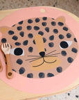 OYOY branded children's dinner time pink placemat snow leopard face design