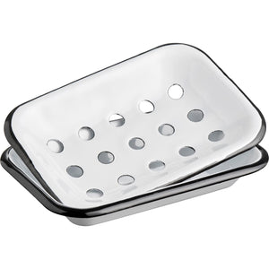 Two Part Enamel Soap Dish - White w/Black Rim