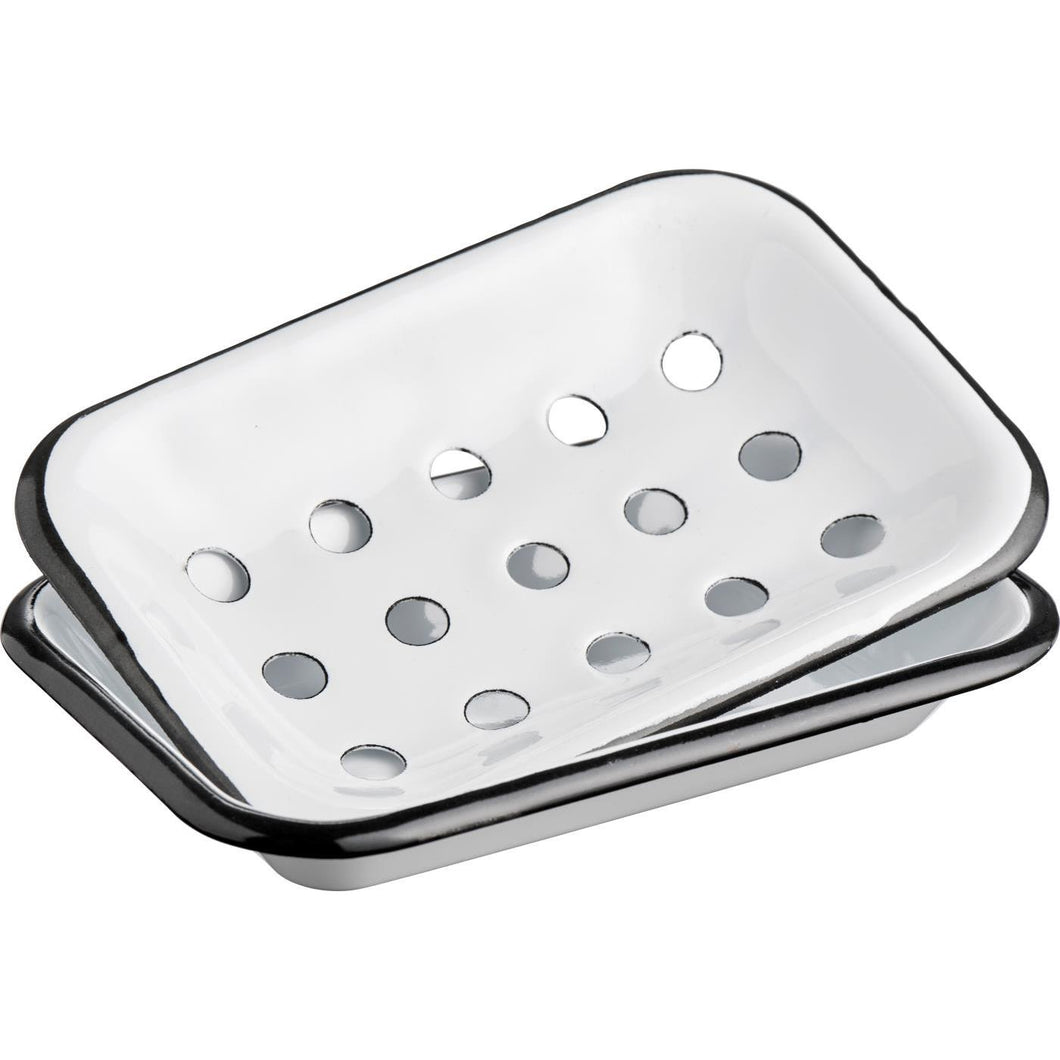 Two Part Enamel Soap Dish - White w/Black Rim