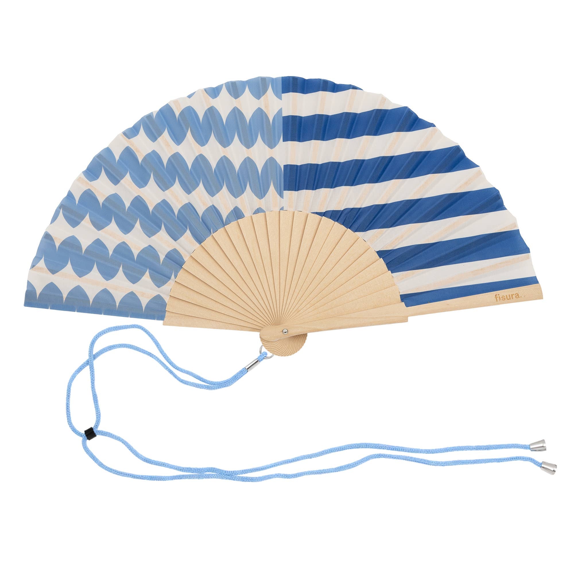 Blue Line / Wave Print Wooden Hand Fan