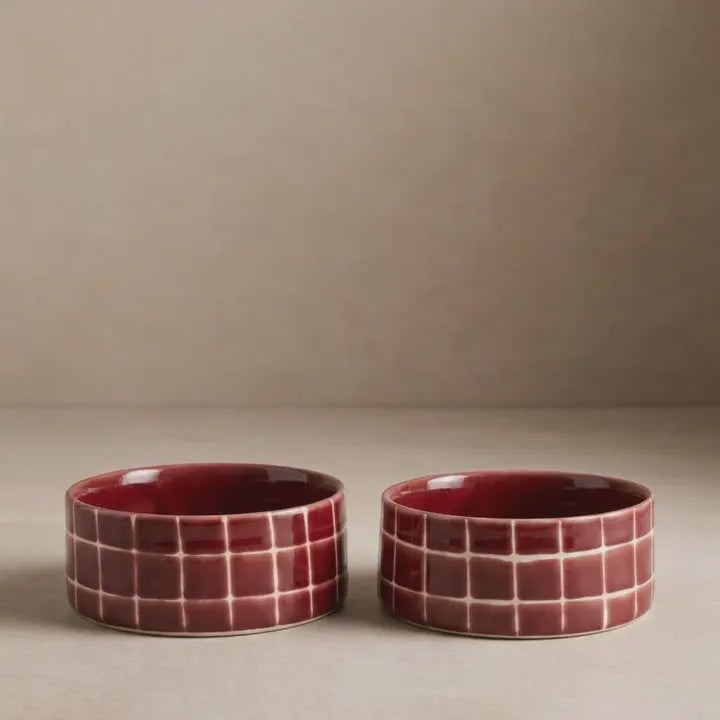 Stoneware Pet Bowl / Burgundy Tile / 14cm