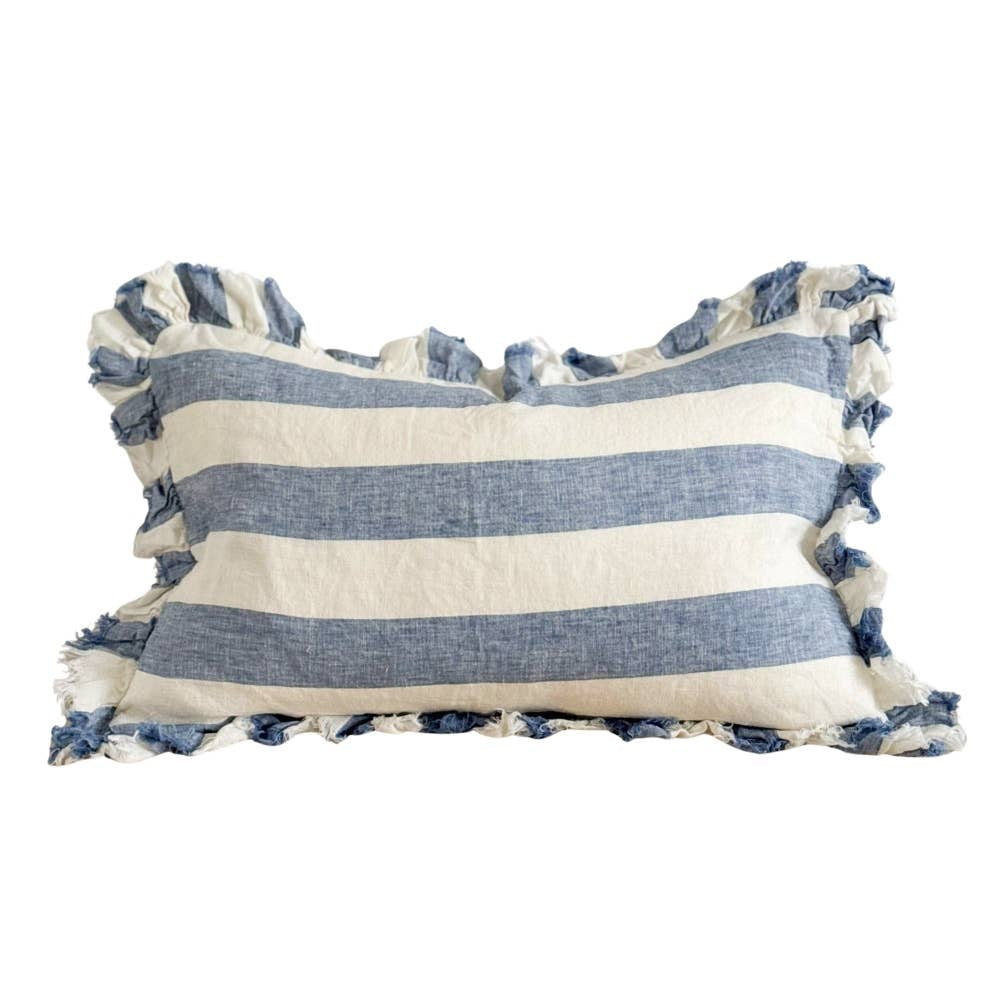 Hallie Blue Wide Stripe Cushion Cover 50x30–Ruffle Edge : 50 x 30 cm
