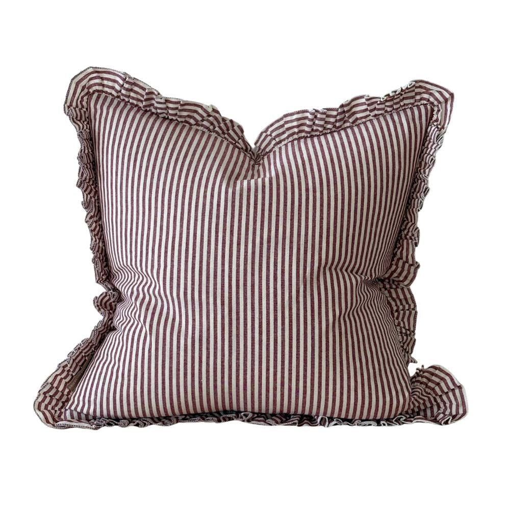 Cotton Ruffle Cushion Cover / Burgundy Stripe / 45 x 45 cm