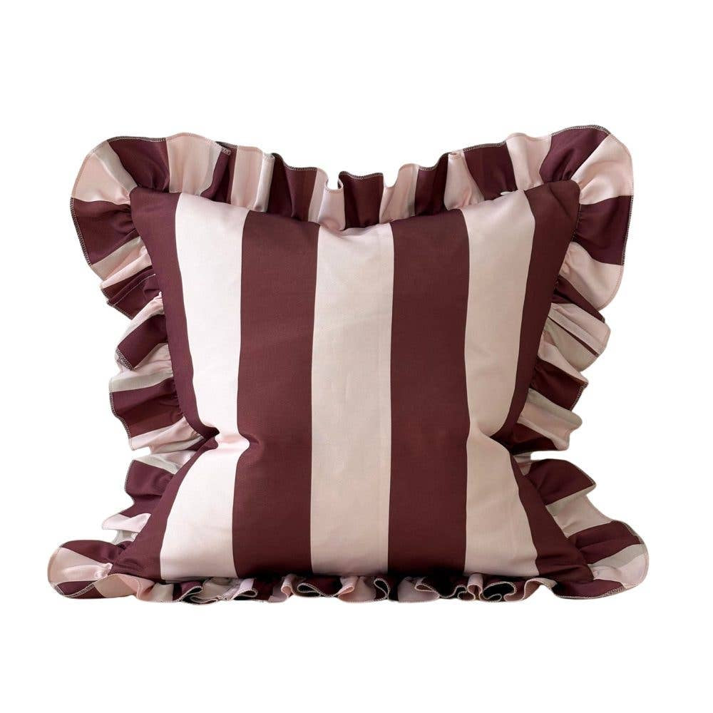 Outdoor Burgundy &amp; Pink Striped Ruffle Cushion Cover
