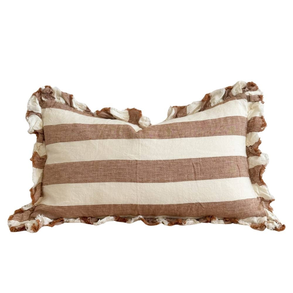 Hallie Ruffled Linen Cushion Cover 50x30 – Rust Wide Stripe