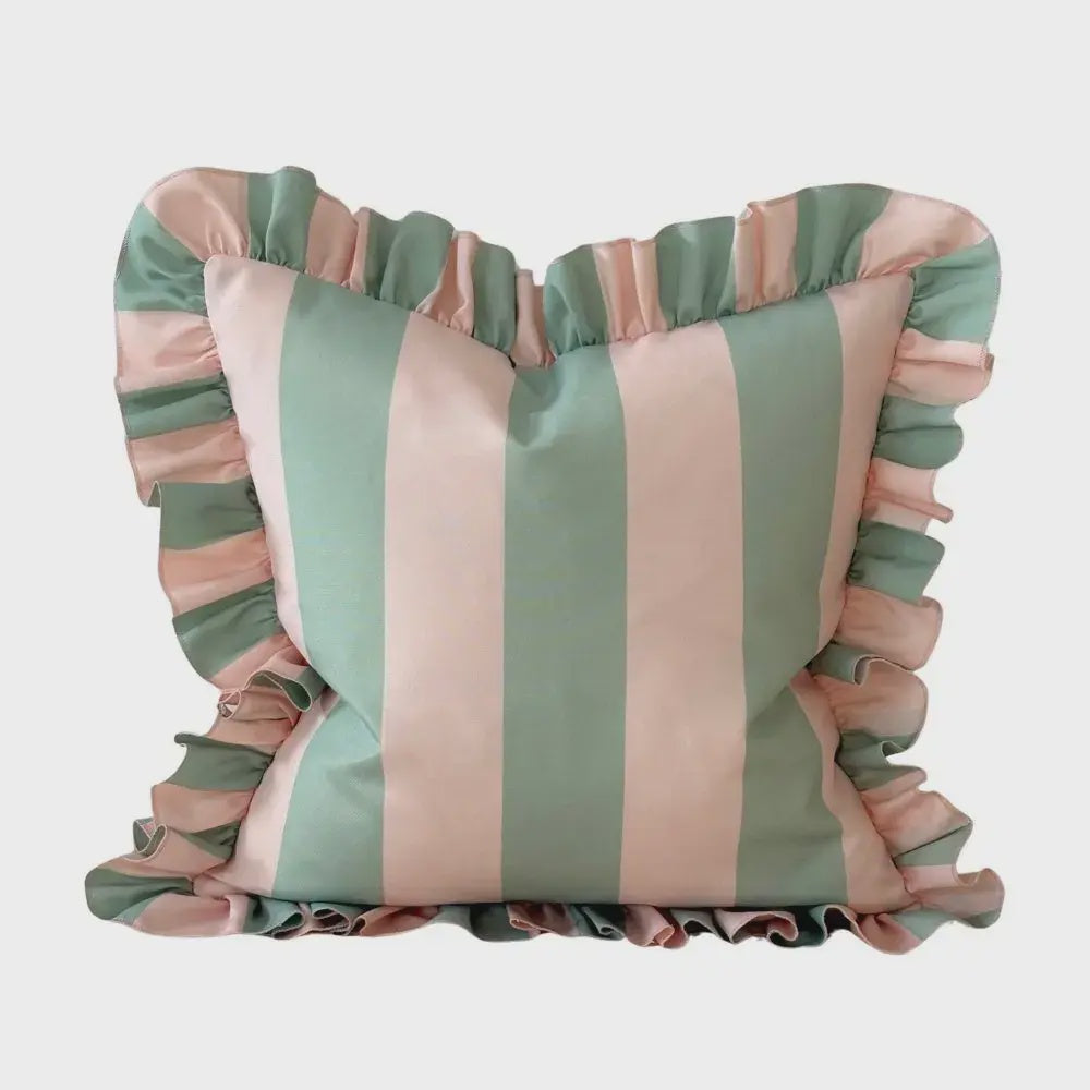 Outdoor Green &amp; Pink Striped Ruffle Cushion Cover