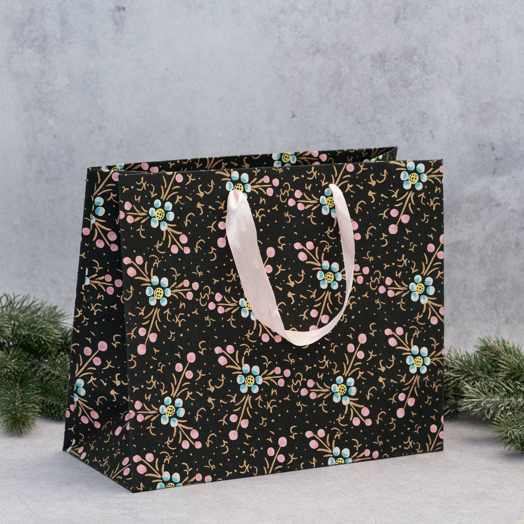 Black Indian Floral Paper Gift Bag - Large