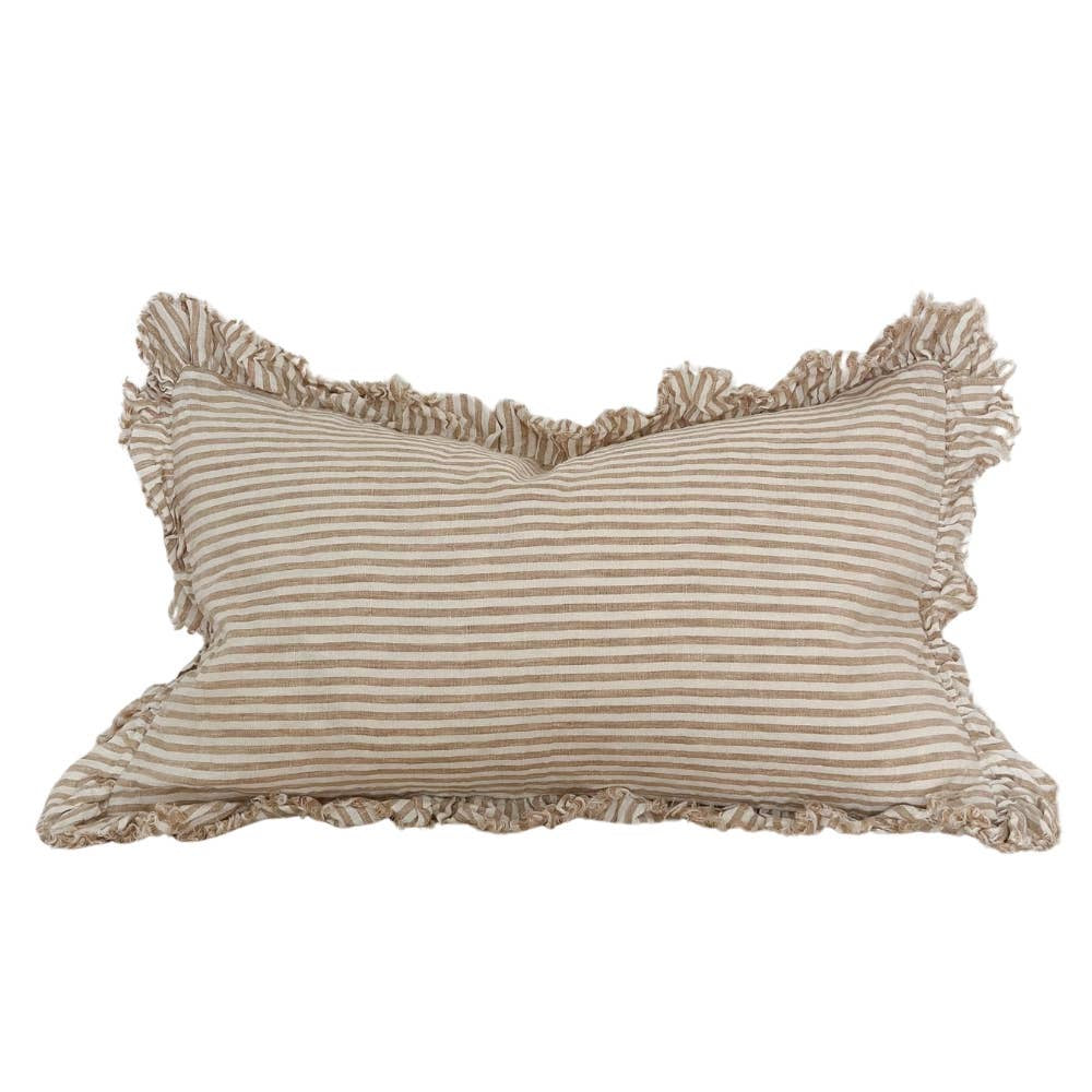 Hallie Ruffled Linen Cushion Cover 50x30 – Light Brown Stripe