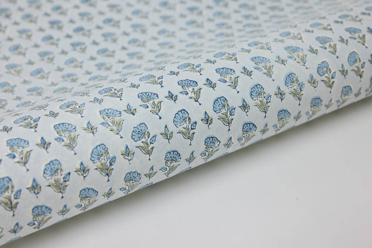 Block Printed Wrapping Paper Sheets - Ditsy Floral Blue Stone