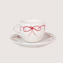 Load image into Gallery viewer, White Cup With Saucer / Red Bow