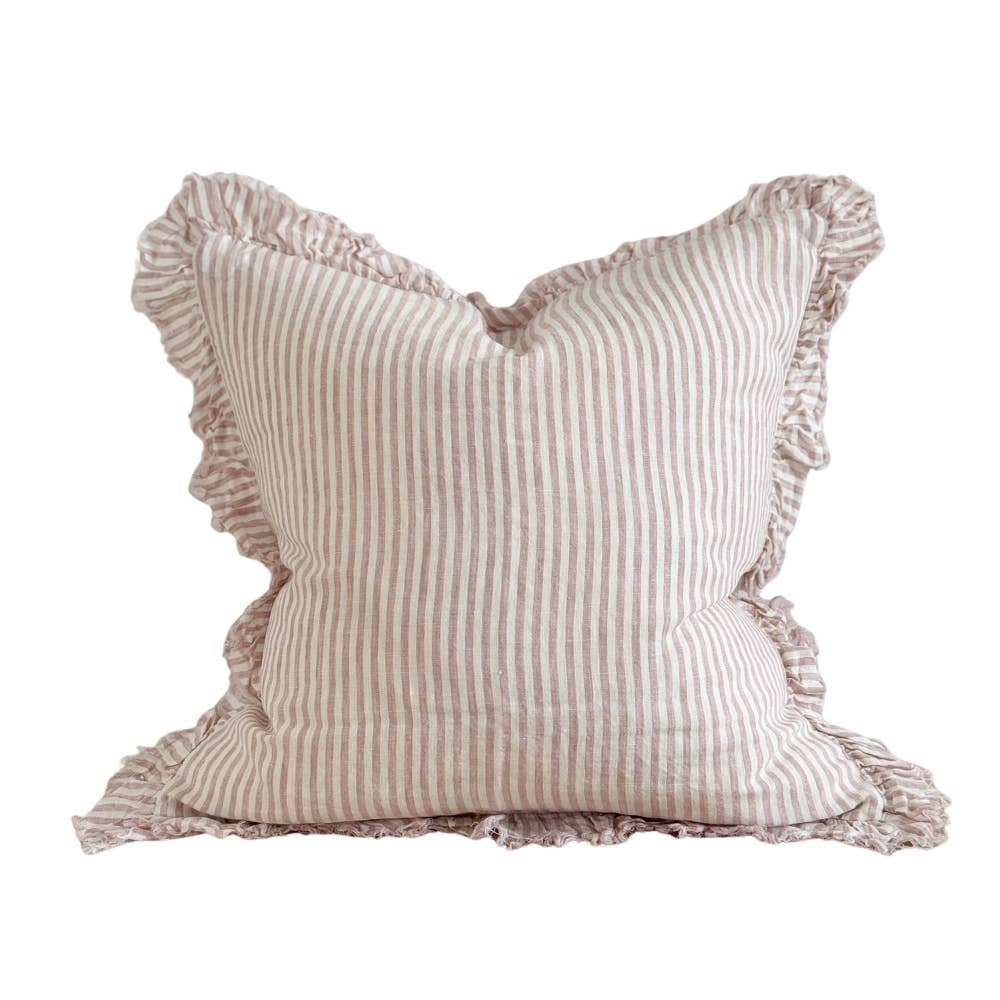 Hallie Ruffled Linen Cushion Cover 45x45 – Pink Stripe