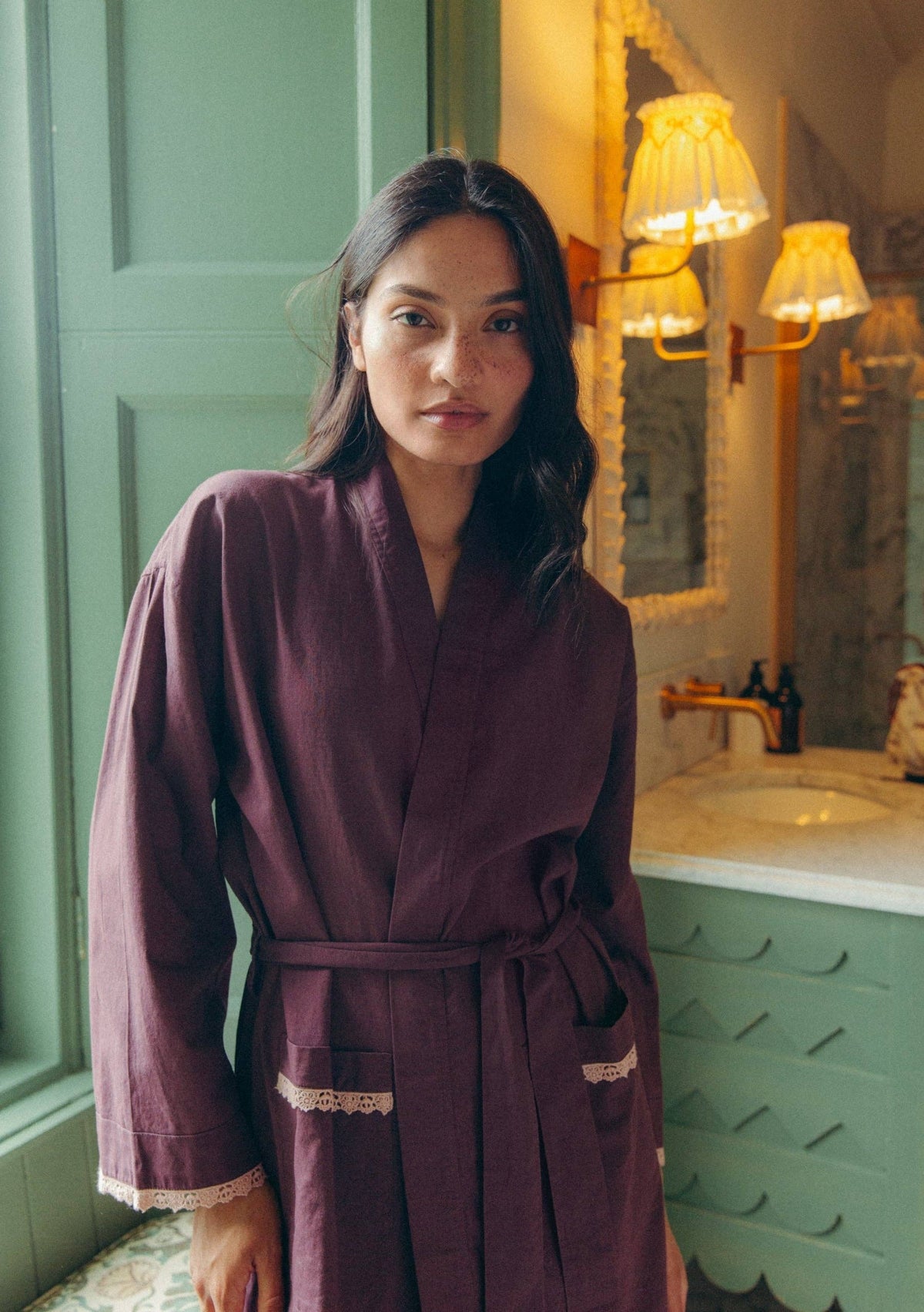 Cotton &amp; Linen Robe in Fig Trim: M / L
