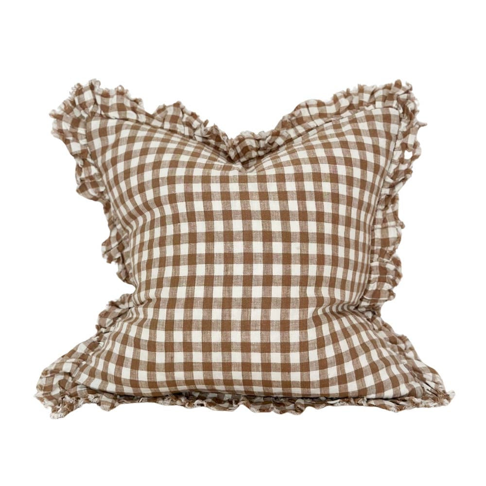 Hallie Ruffled Linen Cushion Cover Brown Gingham - 3 Sizes: 45 x 45 cm