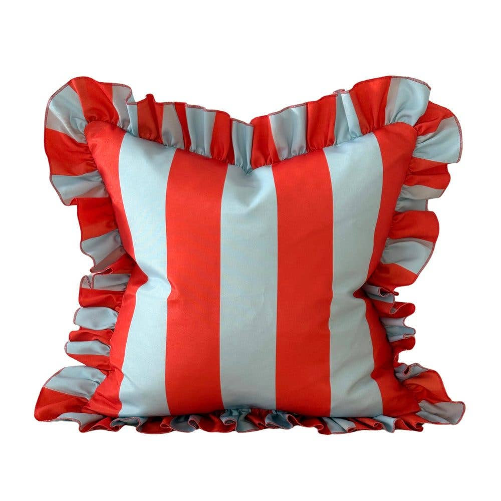 Outdoor Blue &amp; Red Ruffle Striped Cushion Cover