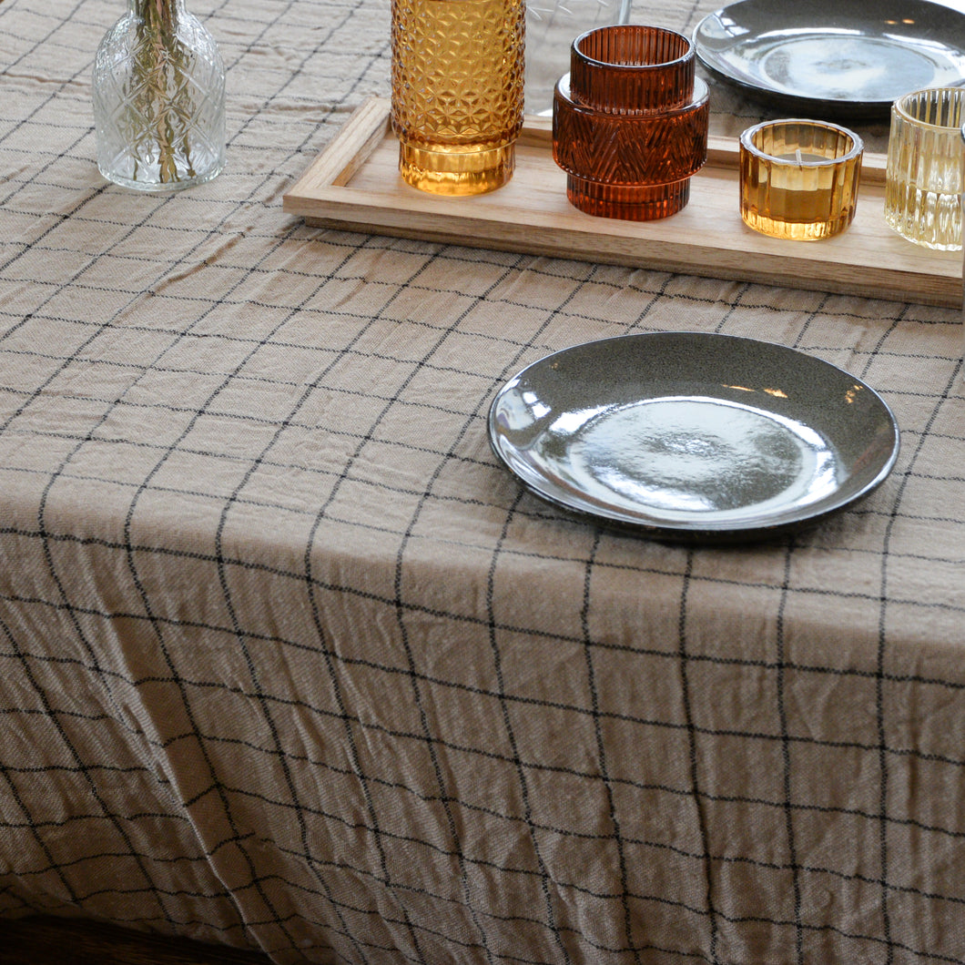Cotton Check Tablecloth  / Beige and Black