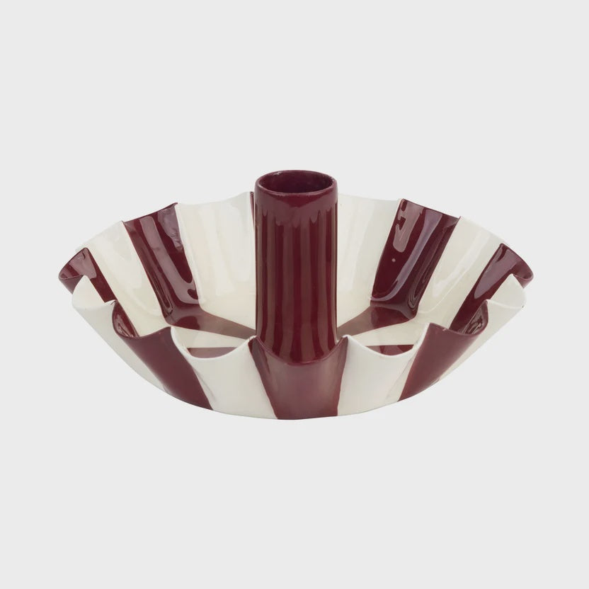 Enamel Scalloped Candle Holder / Burgundy Stripe