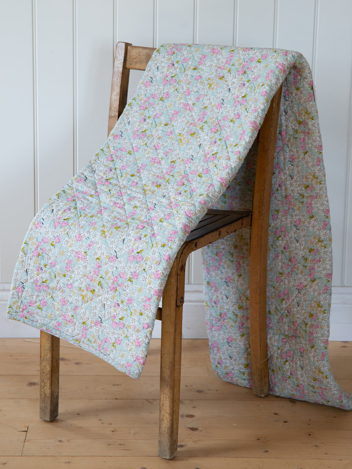 Dusty Blue with Pink, Green Flowers Quilt