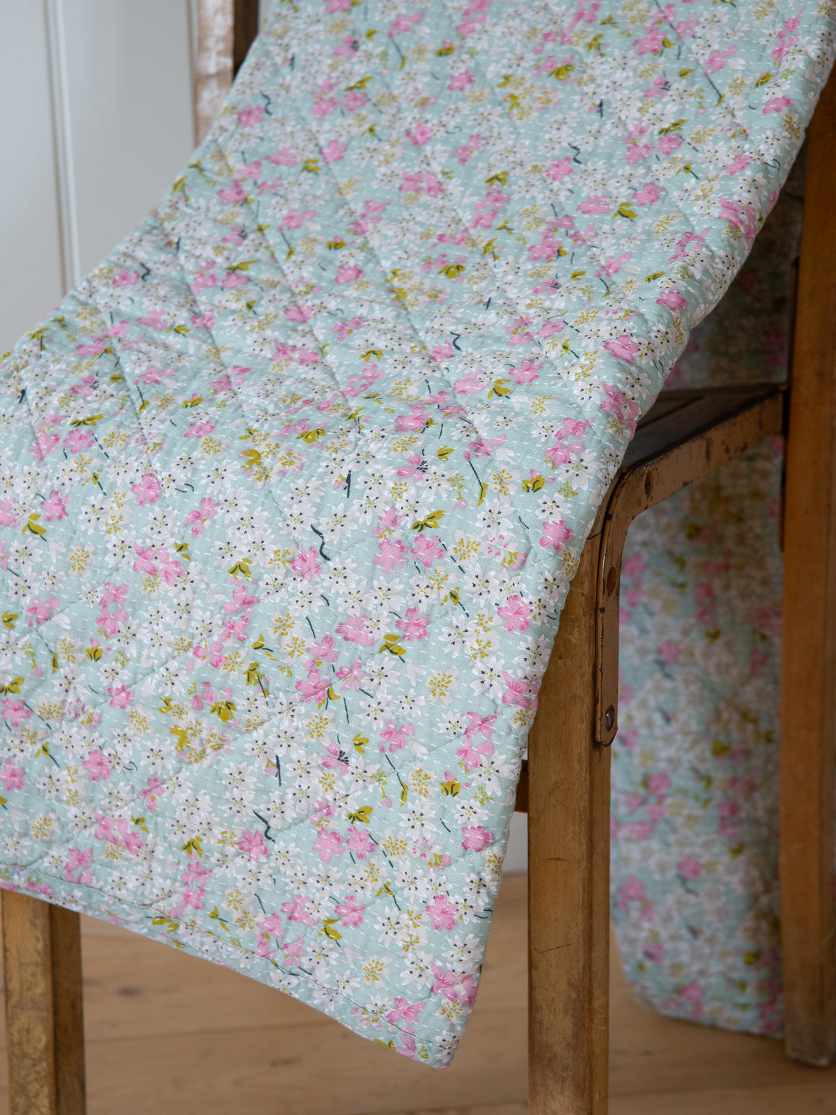 Dusty Blue with Pink, Green Flowers Quilt