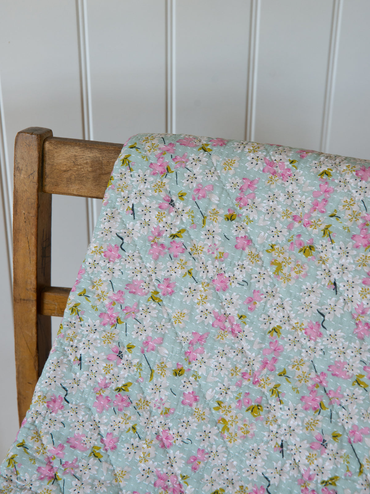 Dusty Blue with Pink, Green Flowers Quilt