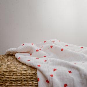 Large Muslin Swaddle in Red Hearts