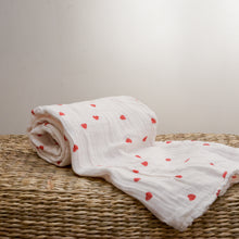 Load image into Gallery viewer, Large Muslin Swaddle in Red Hearts