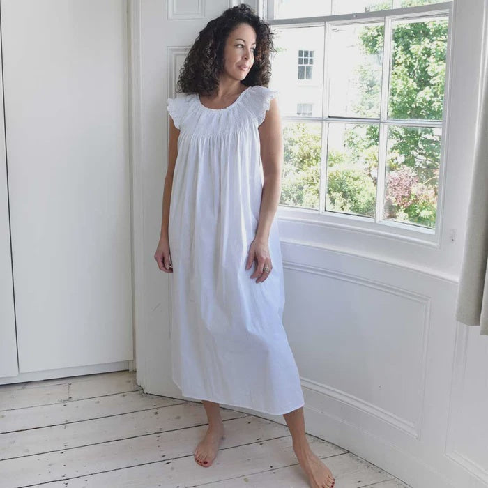 White Cotton Rouched Round Neck Violet Nightdress