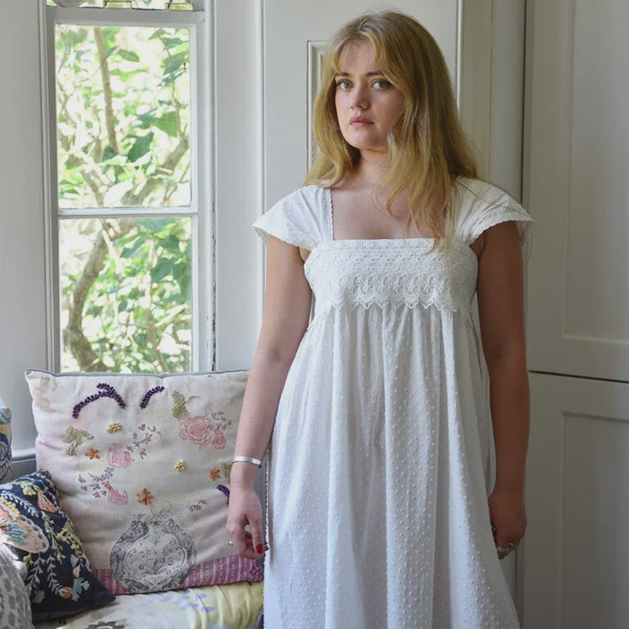 White Cotton Capped Sleeve Dot Nightdress