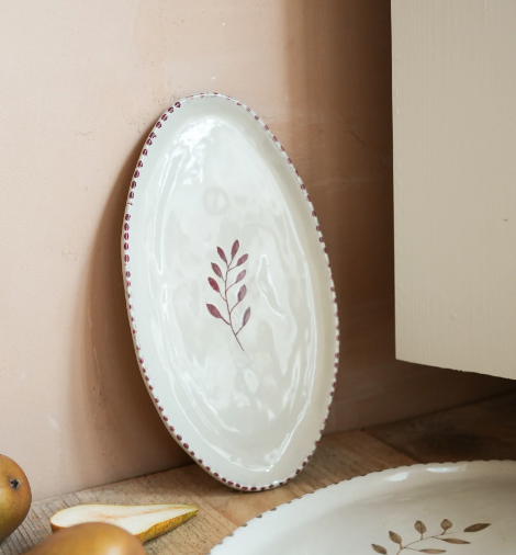 Handpainted Botanic Stripe Oval Plate / Brick Red