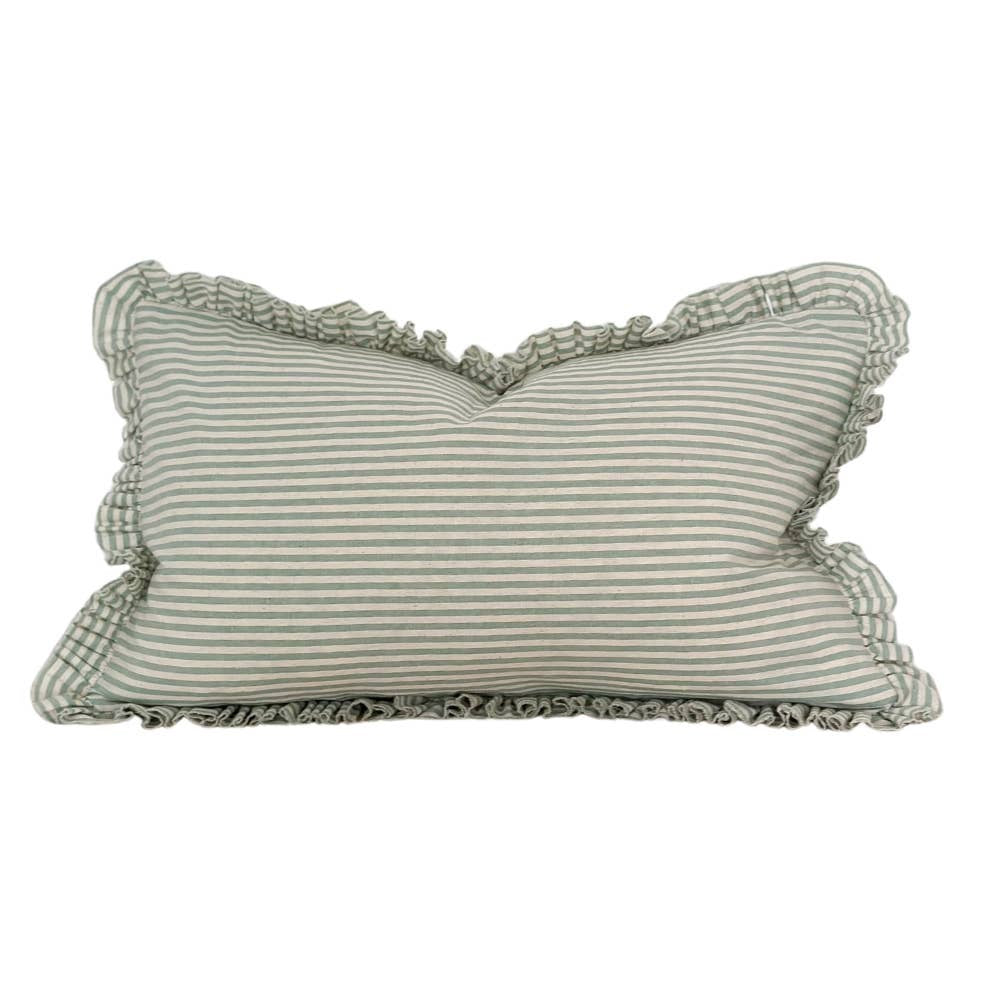 Darcy Ruffle Cotton Cushion Cover 50x30 – Sage Green Stripe