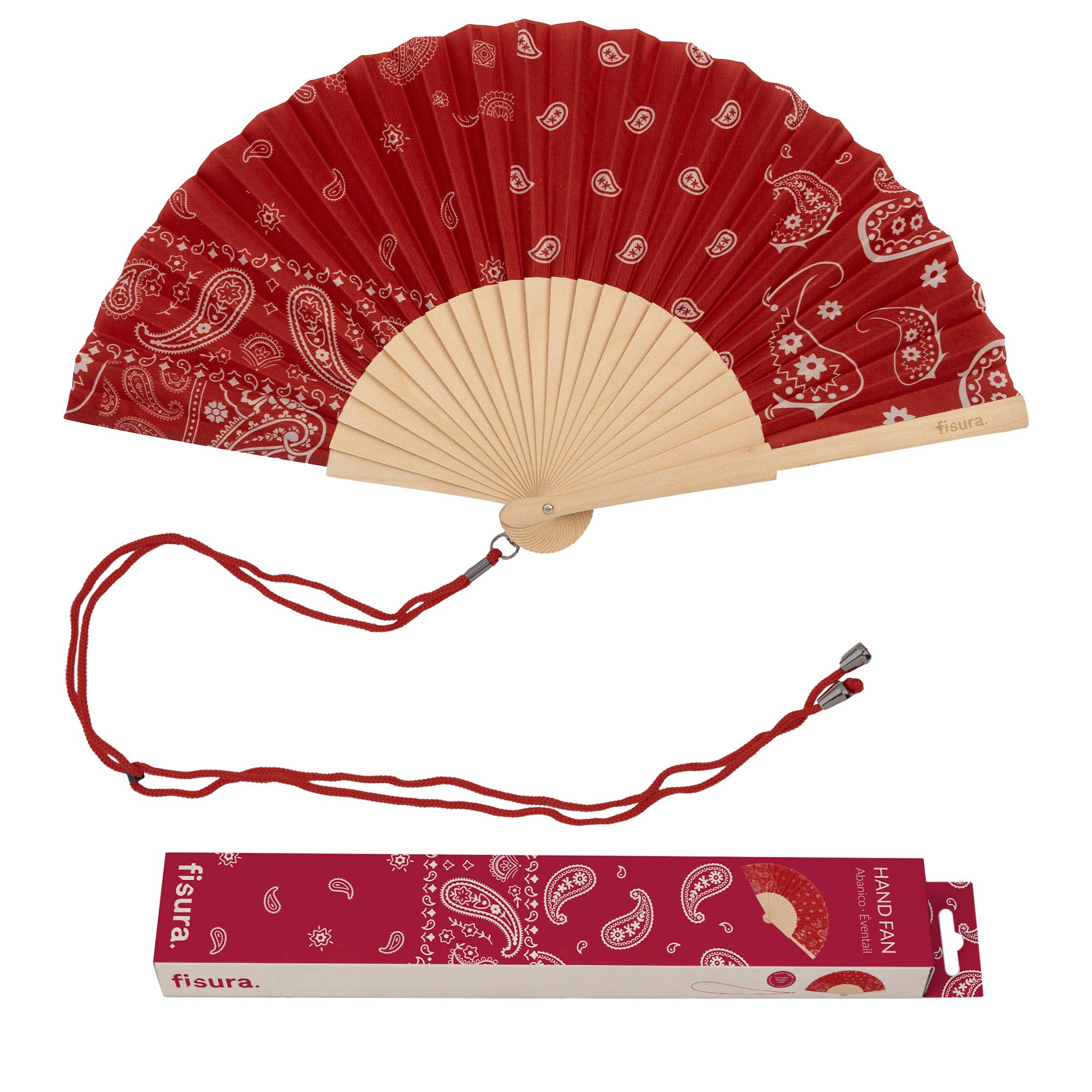 Garnet Paisley Print Wooden Hand Fan