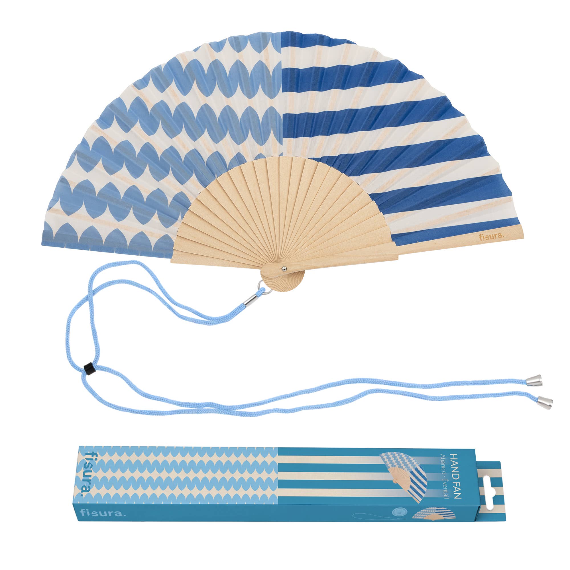 Blue Line / Wave Print Wooden Hand Fan