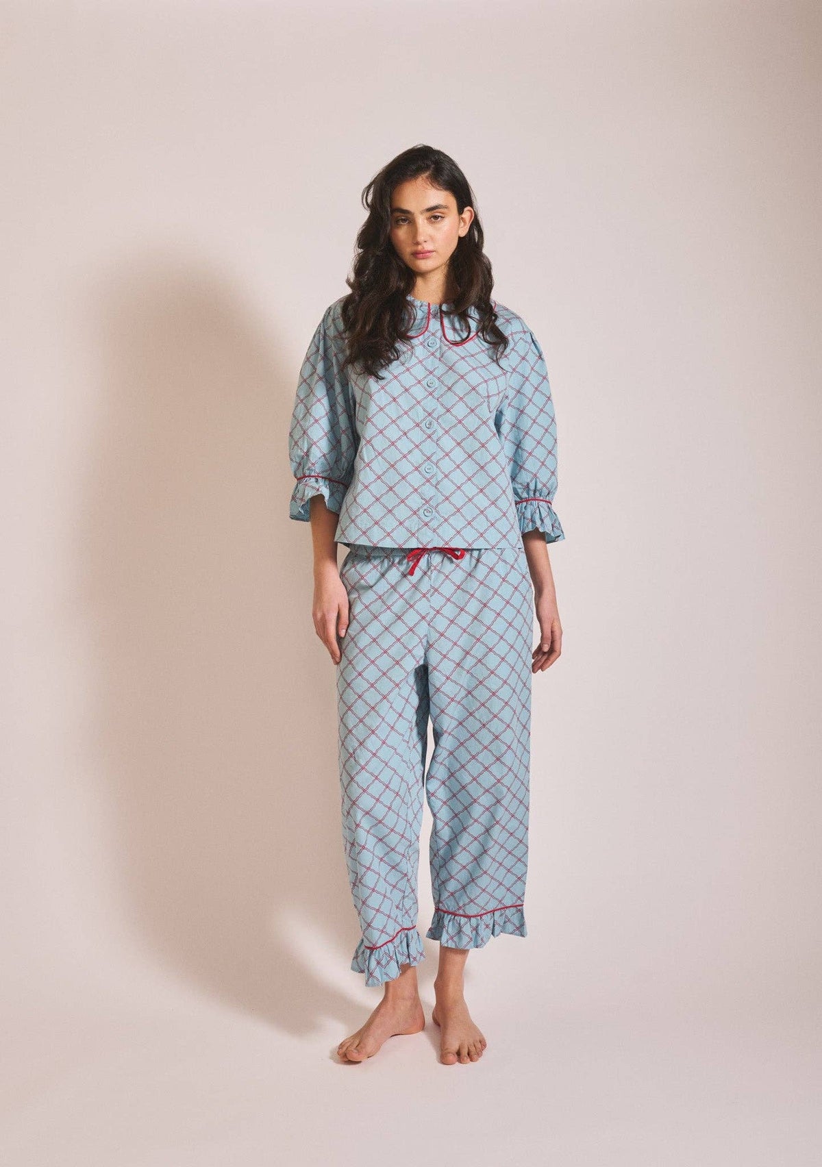 Cropped Cotton Pyjamas in Blue Lattice: M