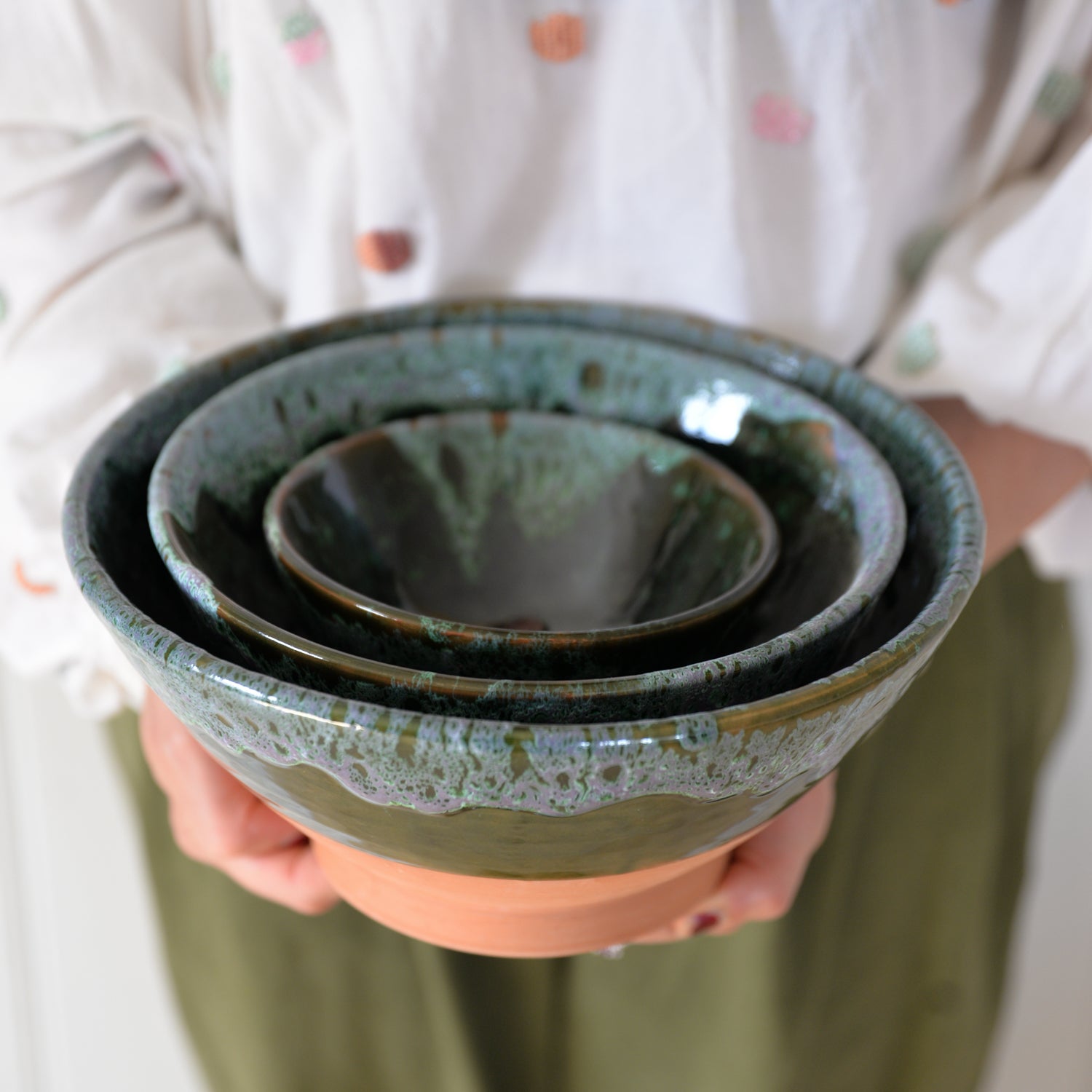 Clay Green Drip Glazed Bowls / Sizes