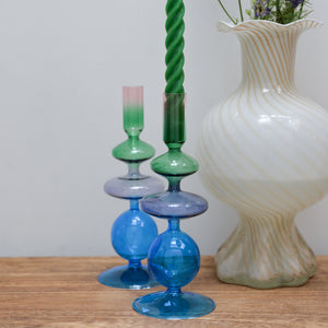 Glass Candle Holder / Light Blue and Purple