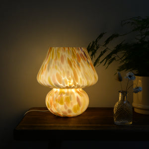 Large Glass Mushroom Lamp / Yellow and Rose Dot