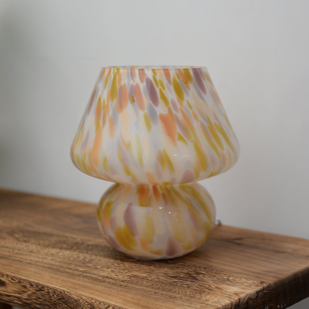 Large Glass Mushroom Lamp / Yellow and Rose Dot