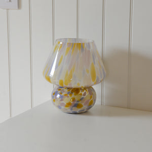 Large Glass Mushroom Lamp / Yellow and Rose Dot