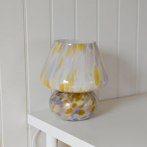 Large Glass Mushroom Lamp / Yellow and Rose Dot