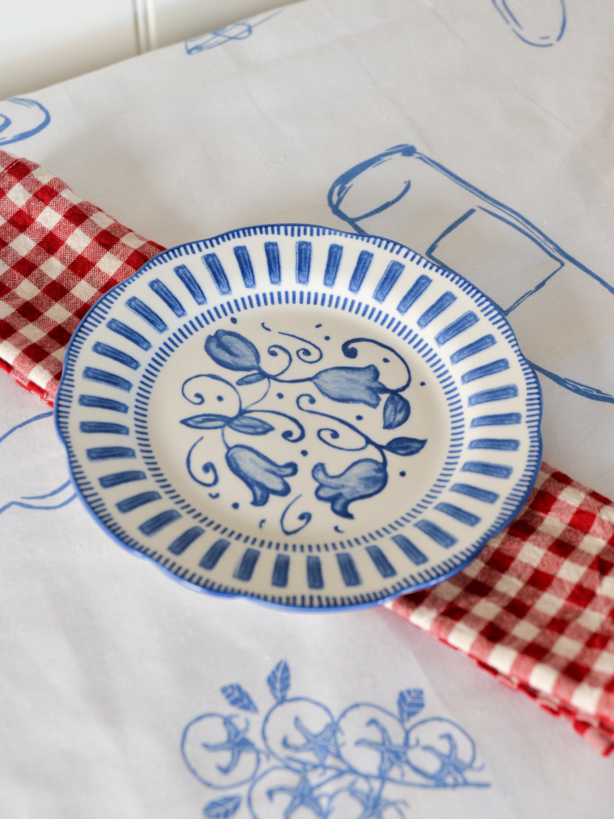 French Porcelain Scalloped Floral Lunch Plate / Blue