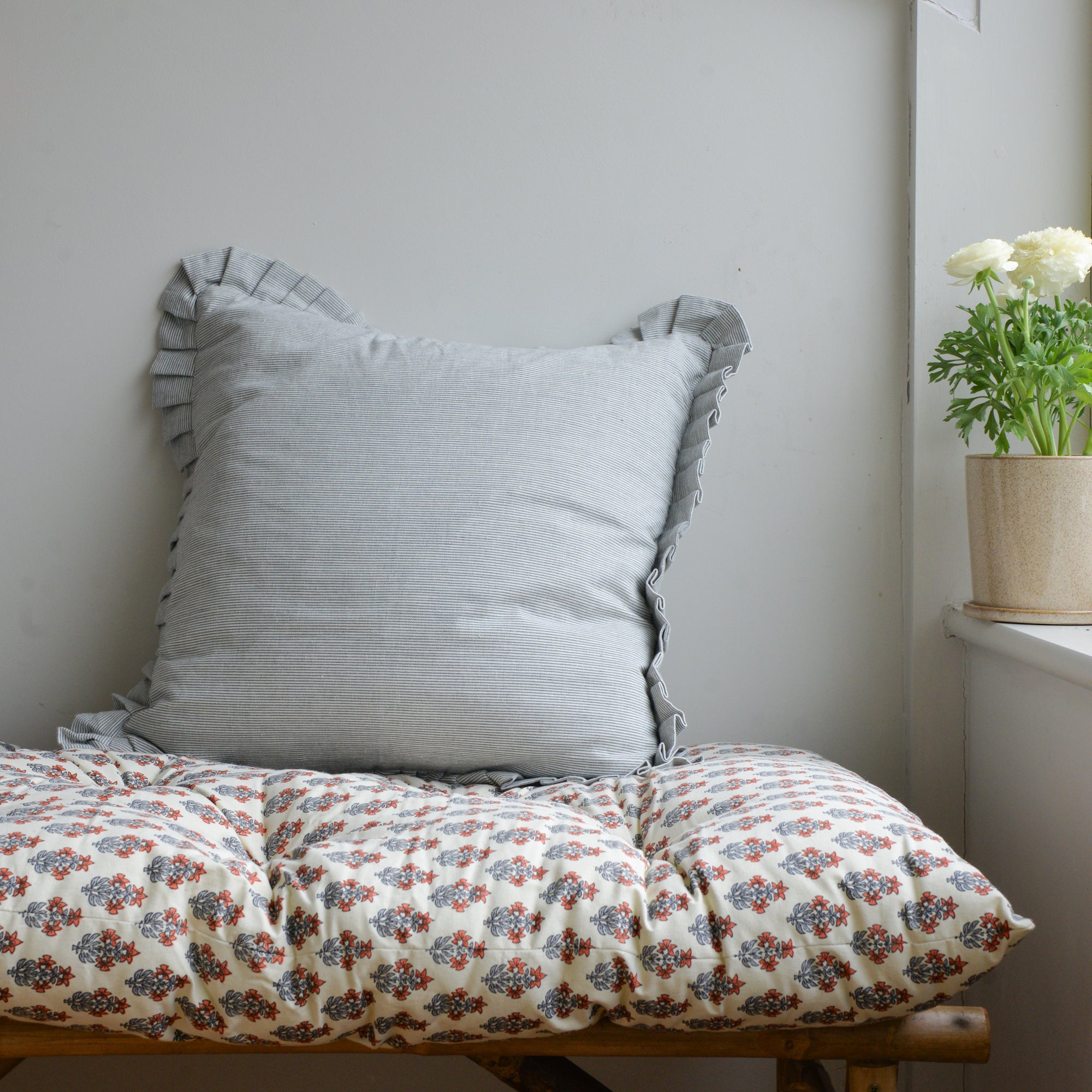 Kamala Floral Cushion in Cream and Blue Cotton